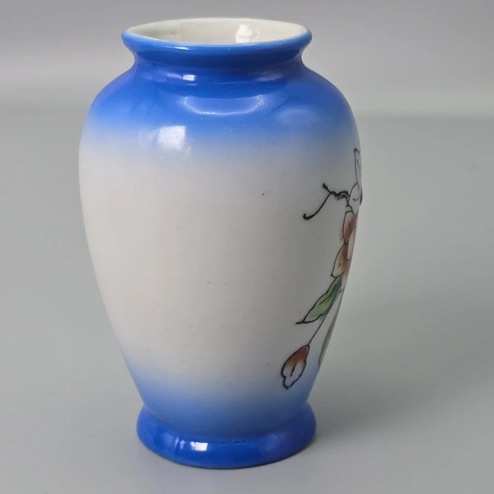Vintage Occupied Japan‎ Blue Vase Parrot Bird Floral Hand Painted Bud Vase